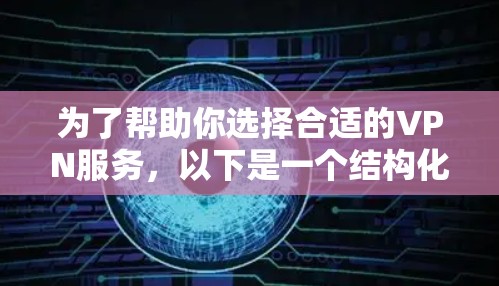 为了帮助你选择合适的VPN服务，以下是一个结构化的指南，涵盖从了解到使用的主要步骤